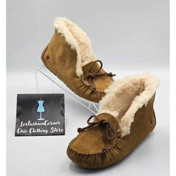 UGG Kid's Tan Suede Alena Shearling-Lined Moccasin Slippers Size 3 2513 - Picture 6 of 16